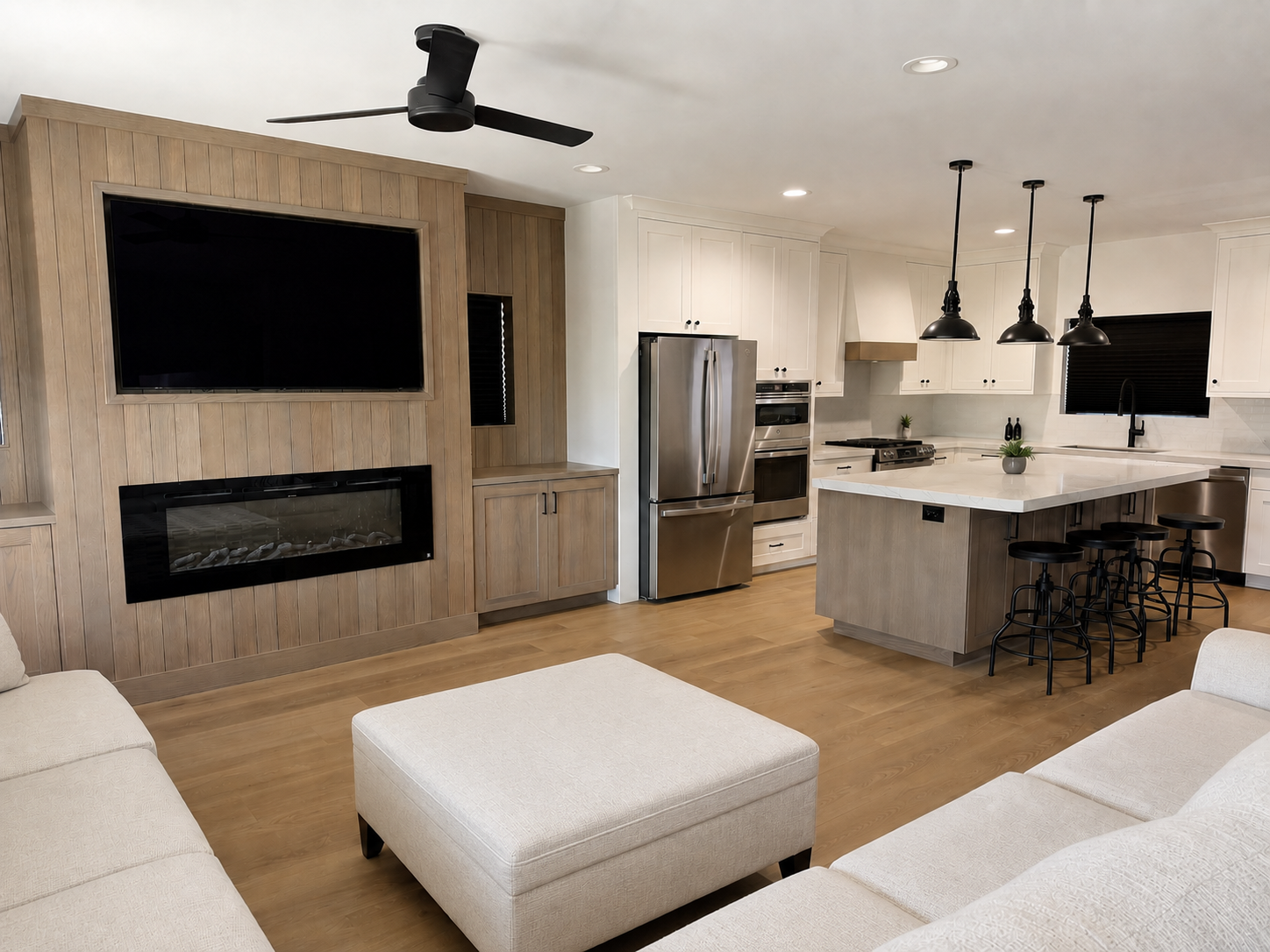 Open kitchen and living room with custom white oak millwork